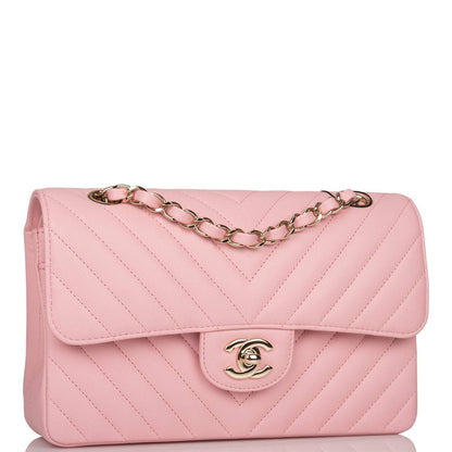 Chanel Pink Chevron Caviar Small Classic Double Flap Bag Light Gold Hardware - photo 2