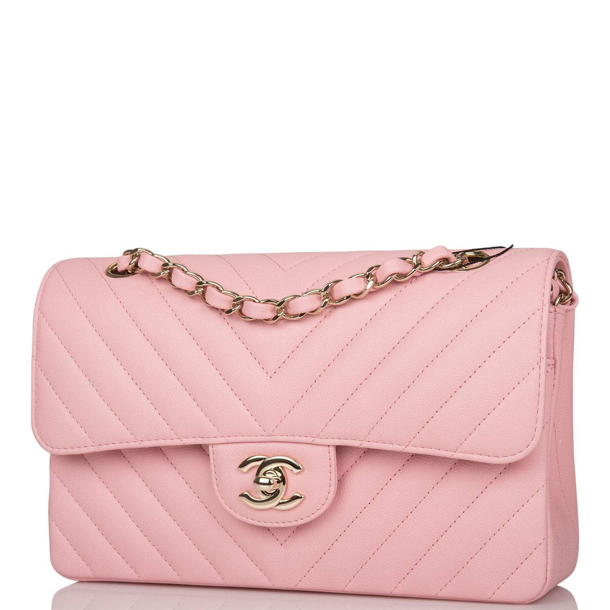 Chanel Pink Chevron Caviar Small Classic Double Flap Bag Light Gold Hardware - photo 5
