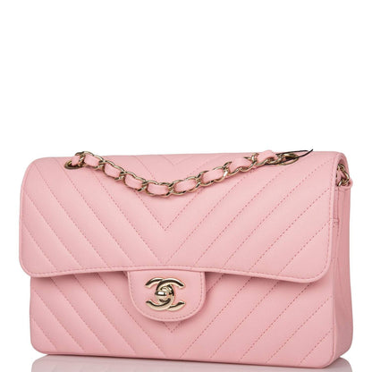 Chanel Pink Chevron Caviar Small Classic Double Flap Bag Light Gold Hardware - photo 5