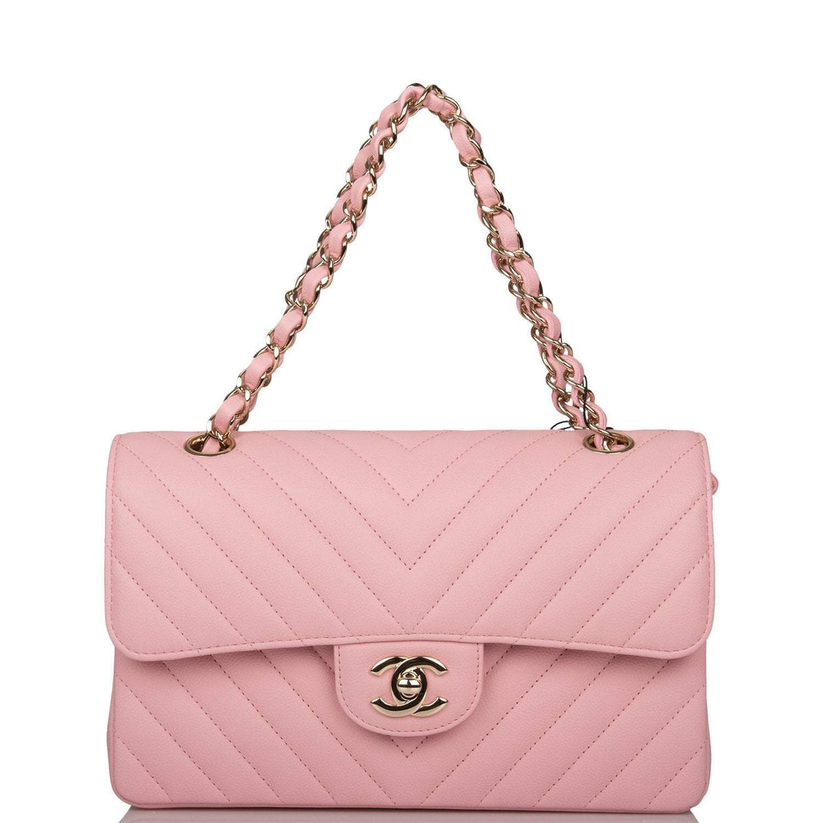 Chanel Pink Chevron Caviar Small Classic Double Flap Bag Light Gold Hardware - photo 7