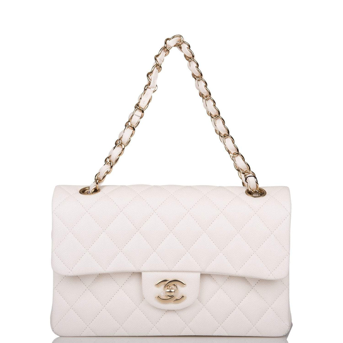 Chanel Small Classic Double Flap White Caviar Light Gold Hardware - image 7