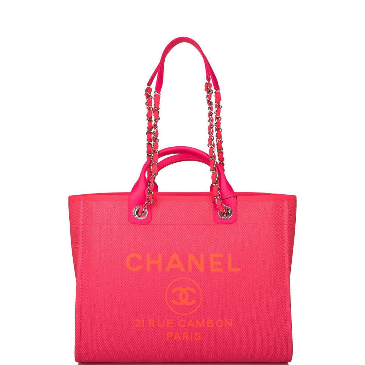 Chanel Neon Pink and Orange Mixed Fibers Large Deauville Shopping Bag Silver Hardware - photo 1
