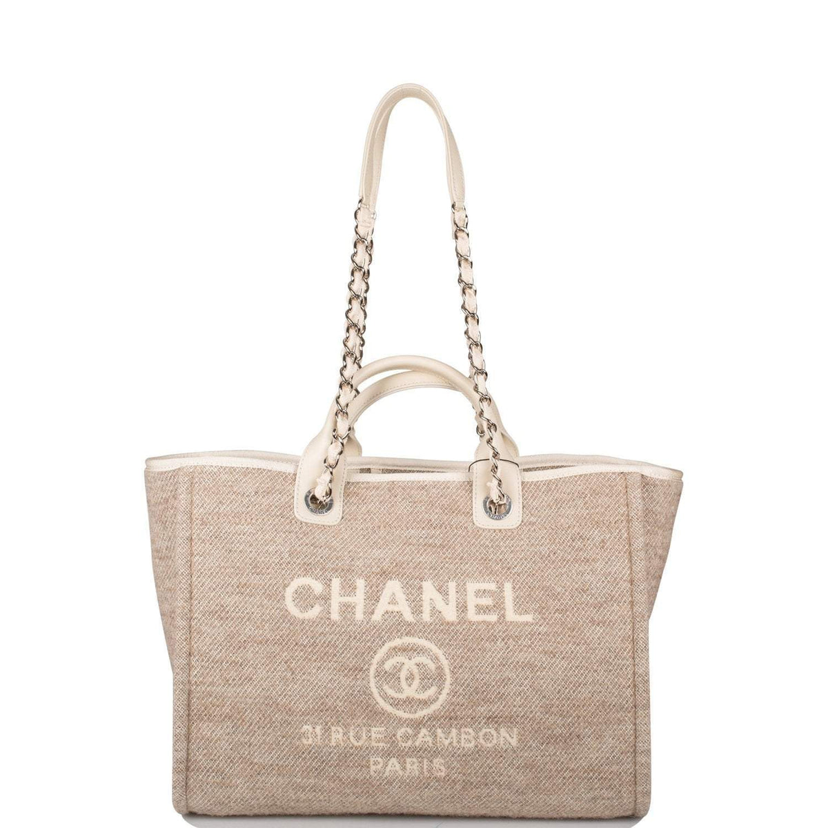 Chanel Beige Wool Large Deauville Shopping Bag Silver Hardware - photo 1