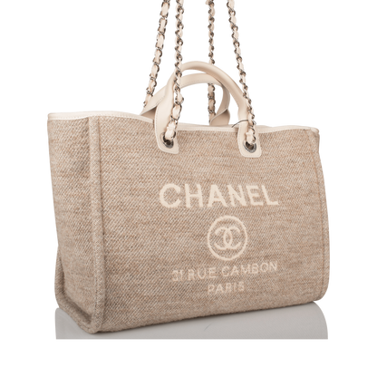 Chanel Beige Wool Large Deauville Shopping Bag Silver Hardware - photo 5