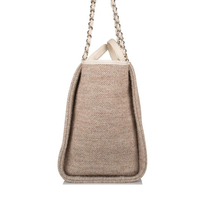 Chanel Beige Wool Large Deauville Shopping Bag Silver Hardware - photo 3