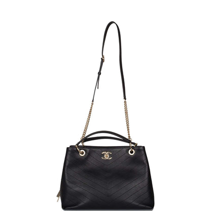 Chanel Black Calfskin Chevron Chic Tote Bag Light Gold Hardware - image 7