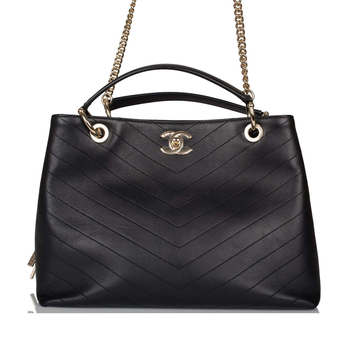 Chanel Black Calfskin Chevron Chic Tote Bag Light Gold Hardware - image 1