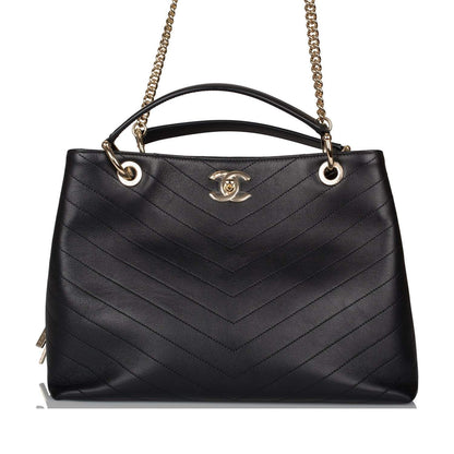 Chanel Black Calfskin Chevron Chic Tote Bag Light Gold Hardware - image 1