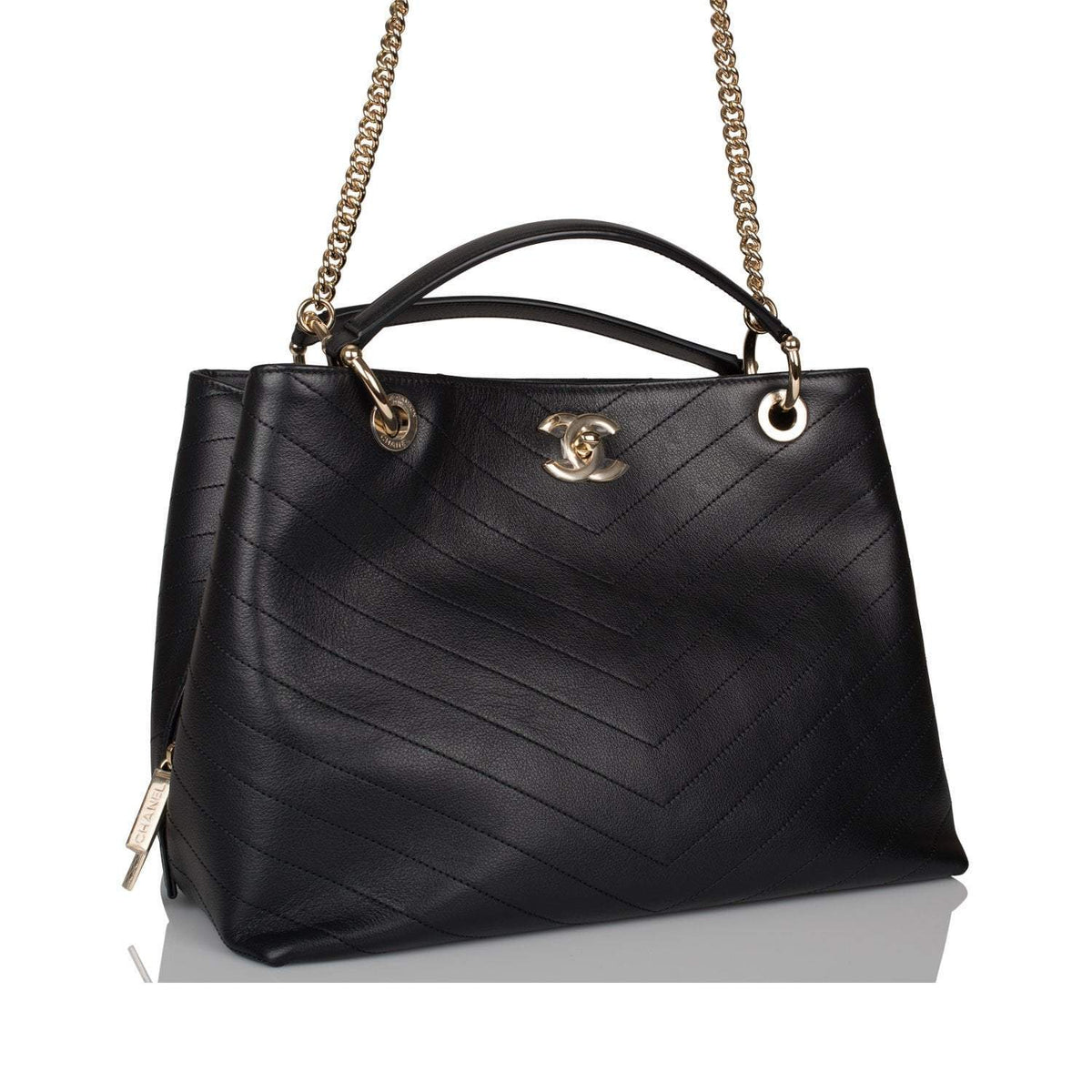 Chanel Black Calfskin Chevron Chic Tote Bag Light Gold Hardware - image 2