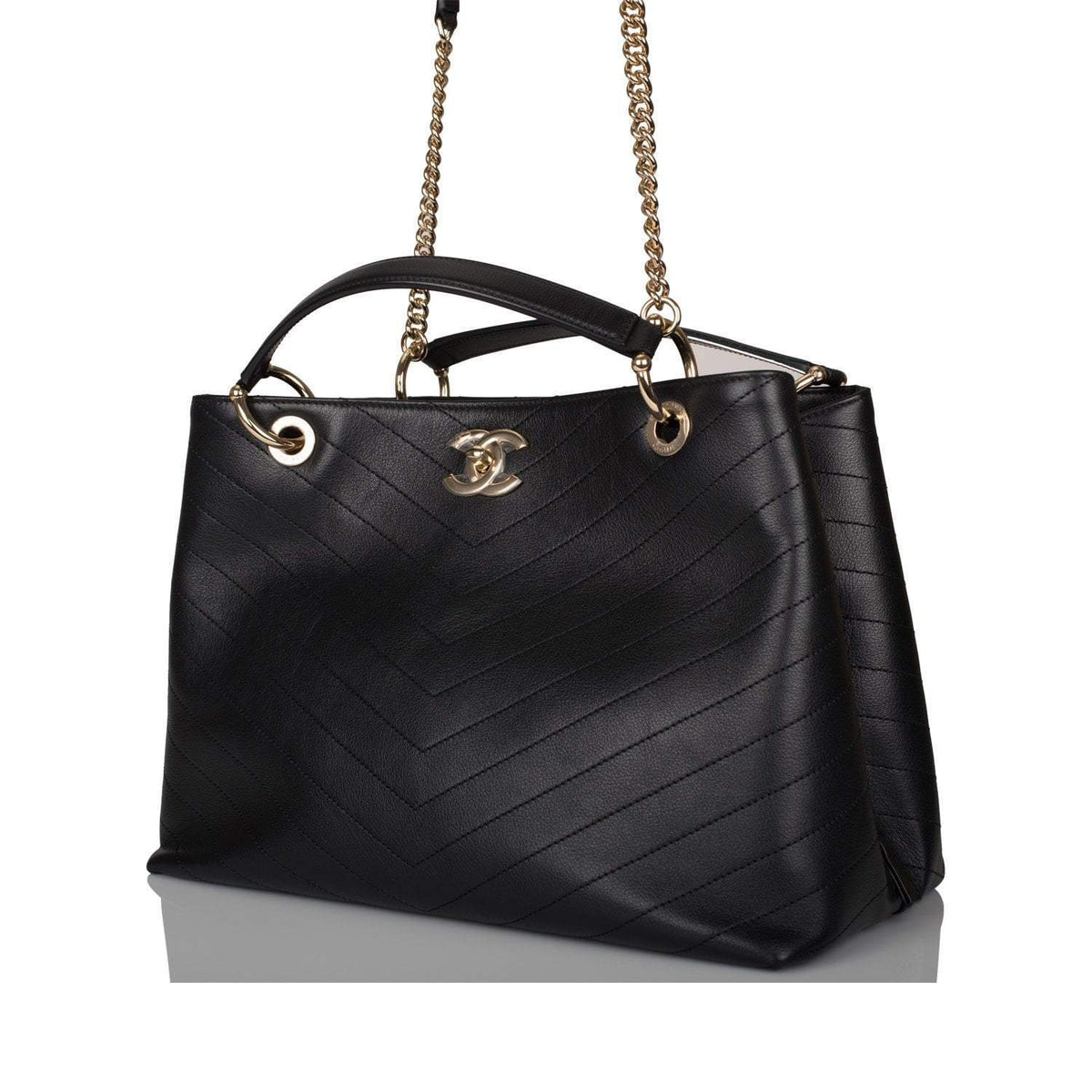 Chanel Black Calfskin Chevron Chic Tote Bag Light Gold Hardware - image 5