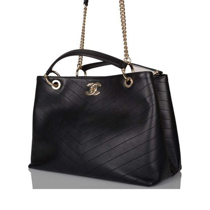 Chanel Black Calfskin Chevron Chic Tote Bag Light Gold Hardware - image 5