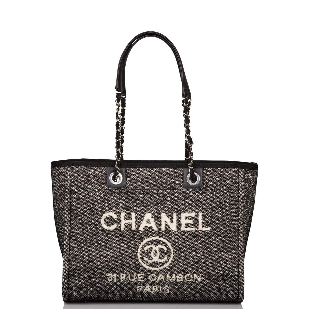 Chanel Small Deauville Shopping Bag Black Wool Silver Hardware - photo 1