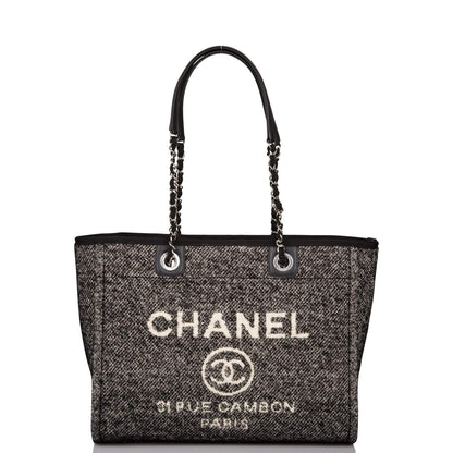 Chanel Small Deauville Shopping Bag Black Wool Silver Hardware - photo 1