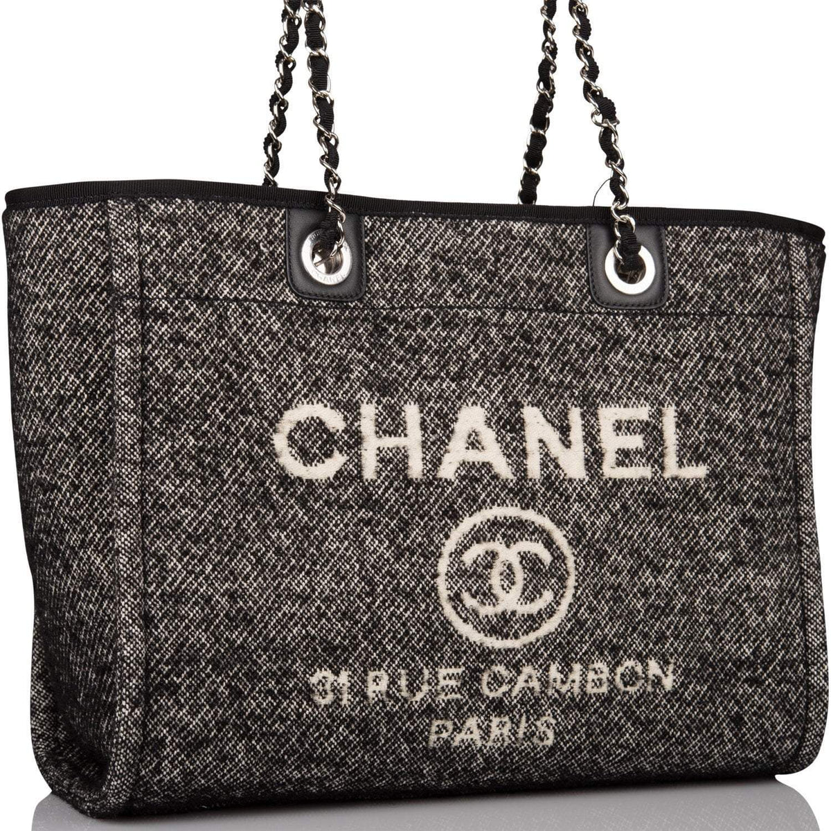 Chanel Small Deauville Shopping Bag Black Wool Silver Hardware - photo 2