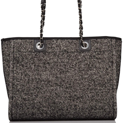 Chanel Small Deauville Shopping Bag Black Wool Silver Hardware - photo 4