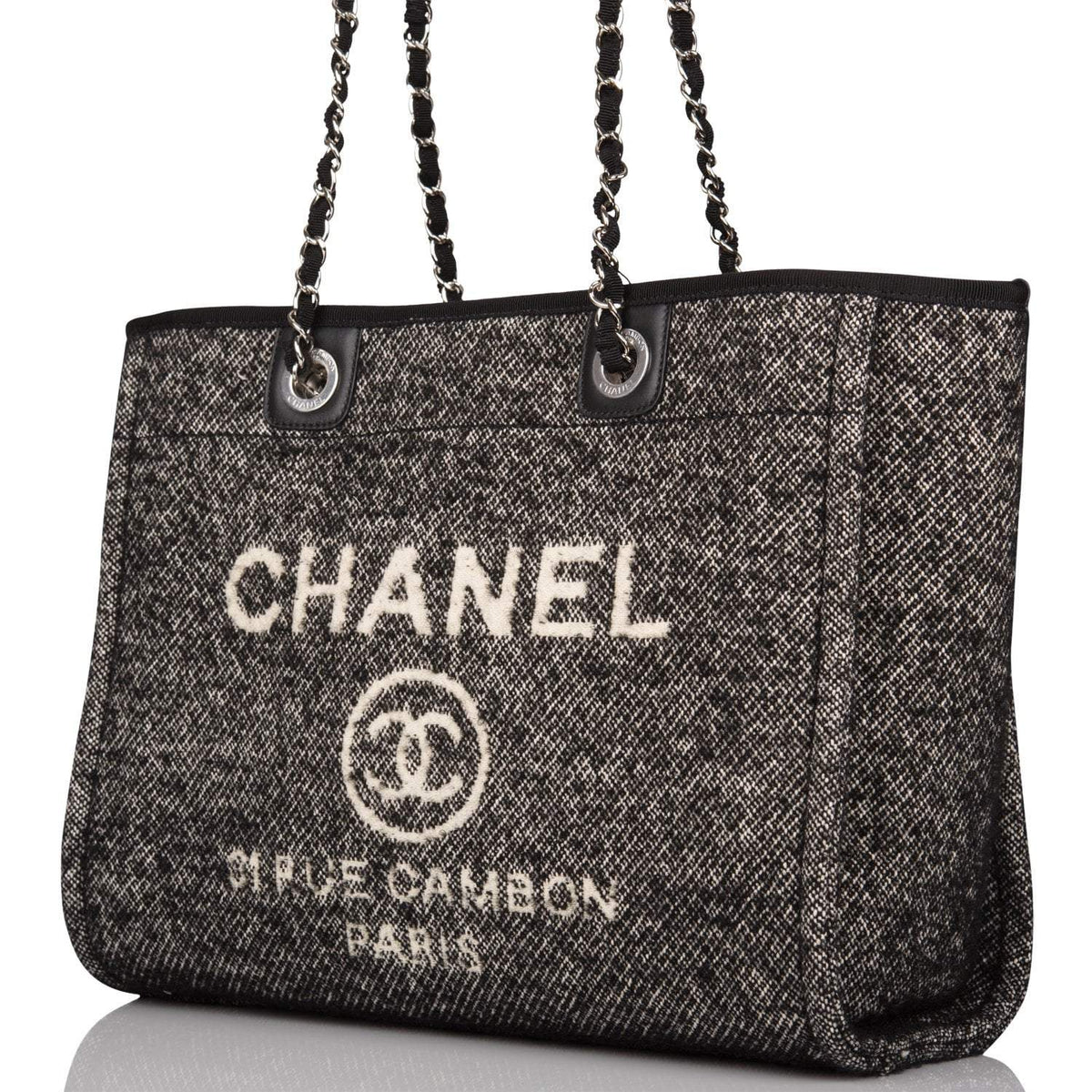 Chanel Small Deauville Shopping Bag Black Wool Silver Hardware - photo 5