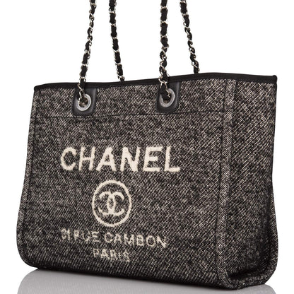 Chanel Small Deauville Shopping Bag Black Wool Silver Hardware - photo 5