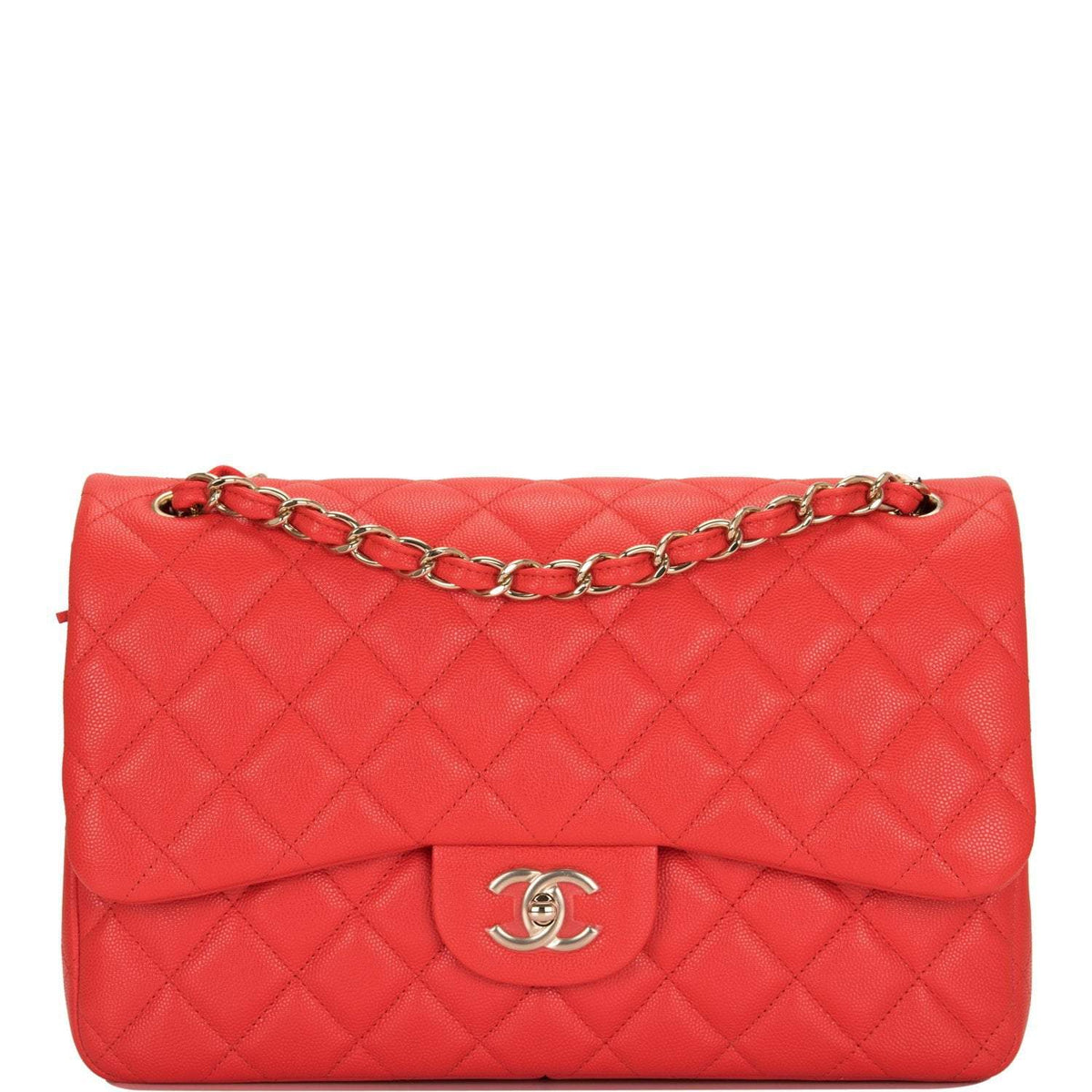 Chanel Red Shiny Quilted Caviar Jumbo Classic Double Flap Bag Gold Hardware - image 1