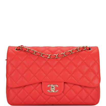 Chanel Red Shiny Quilted Caviar Jumbo Classic Double Flap Bag Gold Hardware - image 1