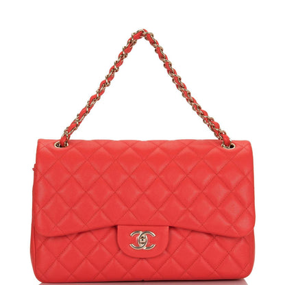 Chanel Red Shiny Quilted Caviar Jumbo Classic Double Flap Bag Gold Hardware - image 6
