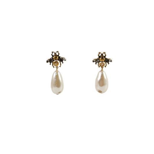 Gucci Aged Gold Finish Bee Earrings with Drop Pearl - photo 1