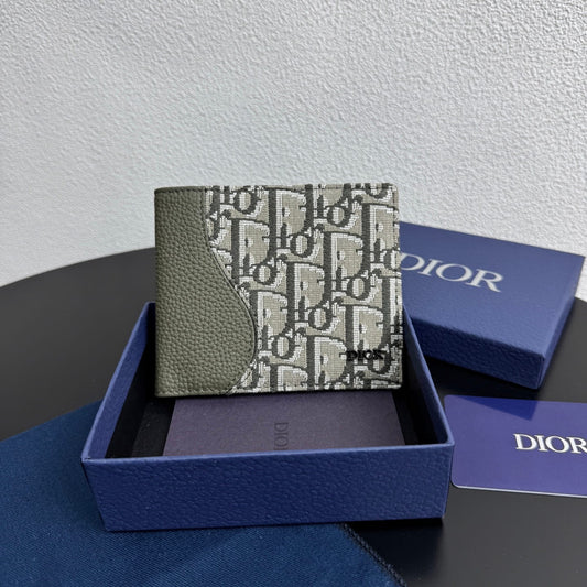 Dior Men's Saddle Bifold Wallet - Khaki Grained Calfskin & Beige/Olive Oblique Jacquard - image 1