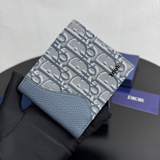 Dior Saddle Bifold Wallet - Blue Grained Calfskin & Beige/Blue Oblique Jacquard - image 1