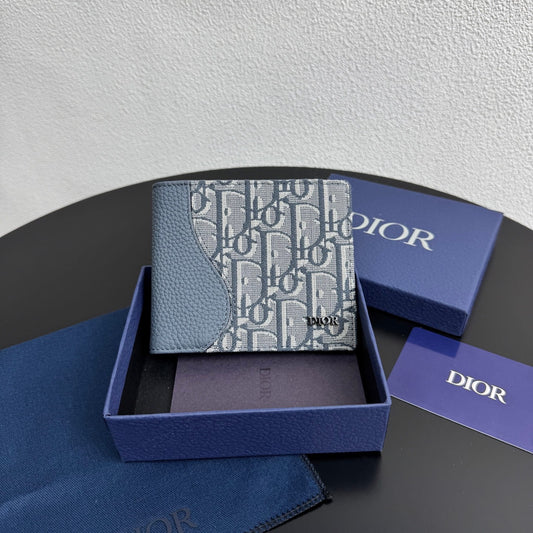 Dior Saddle Bifold Wallet - Blue Grained Calfskin & Beige/Blue Oblique Jacquard - image 2
