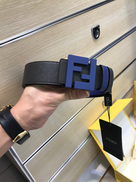 Fendi Navy Blue/Black Leather FF Logo Buckle Reversible Belt 38mm - photo 1