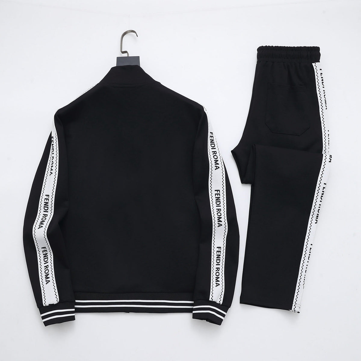 Fendi Roma Logo Striped Tracksuit Set - Black Technical Knit Zip Jacket & Pants - photo 8
