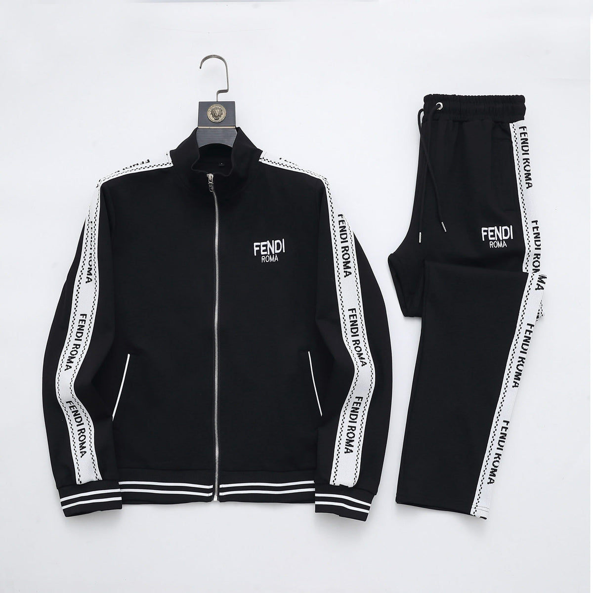 Fendi Roma Logo Striped Tracksuit Set - Black Technical Knit Zip Jacket & Pants - photo 1