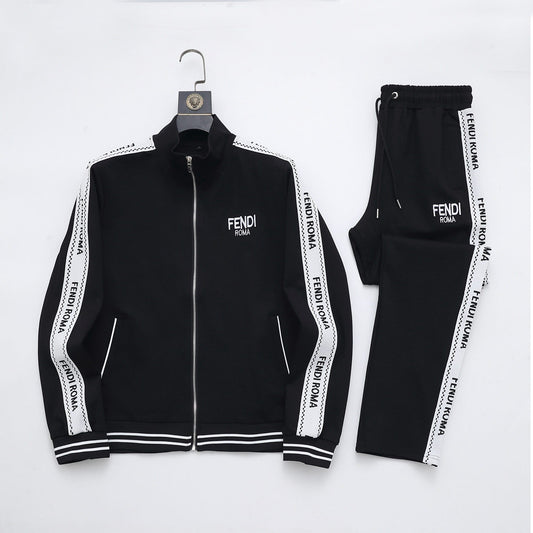 Fendi Roma Logo Striped Tracksuit Set - Black Technical Knit Zip Jacket & Pants - photo 1