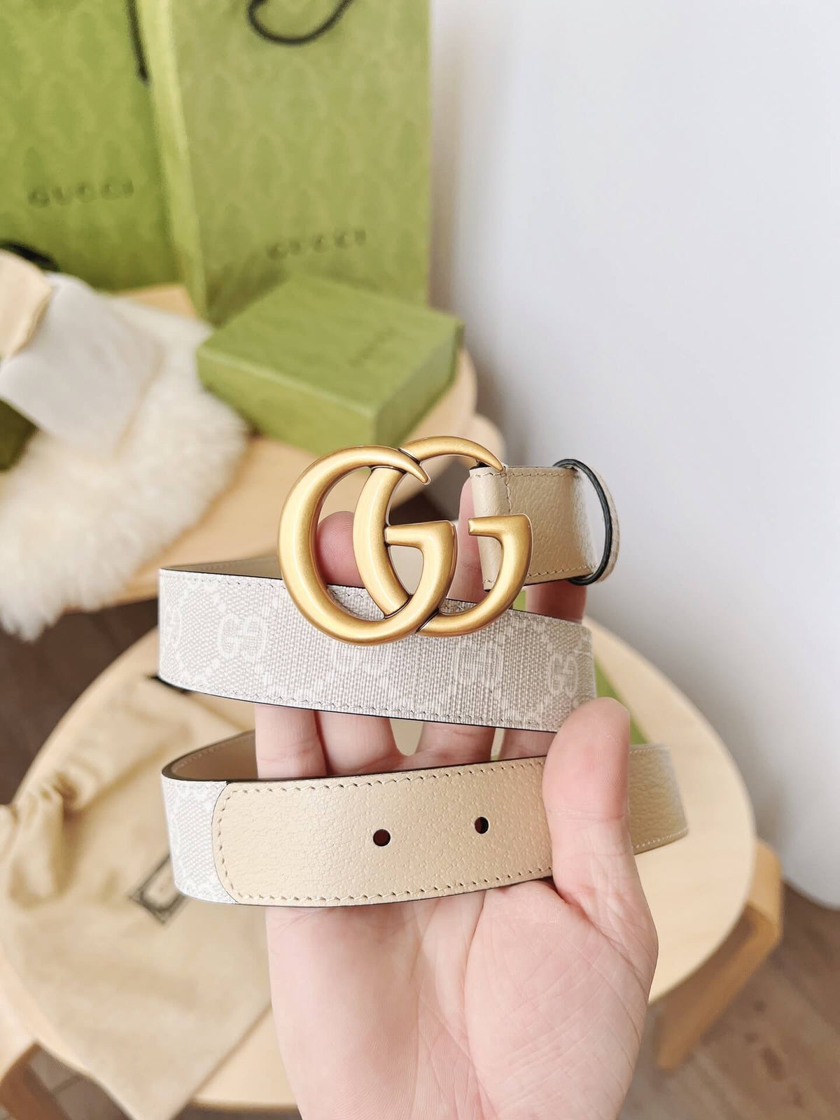 Gucci GG Marmont Reversible Belt GG Supreme Canvas and Beige Leather - photo 1