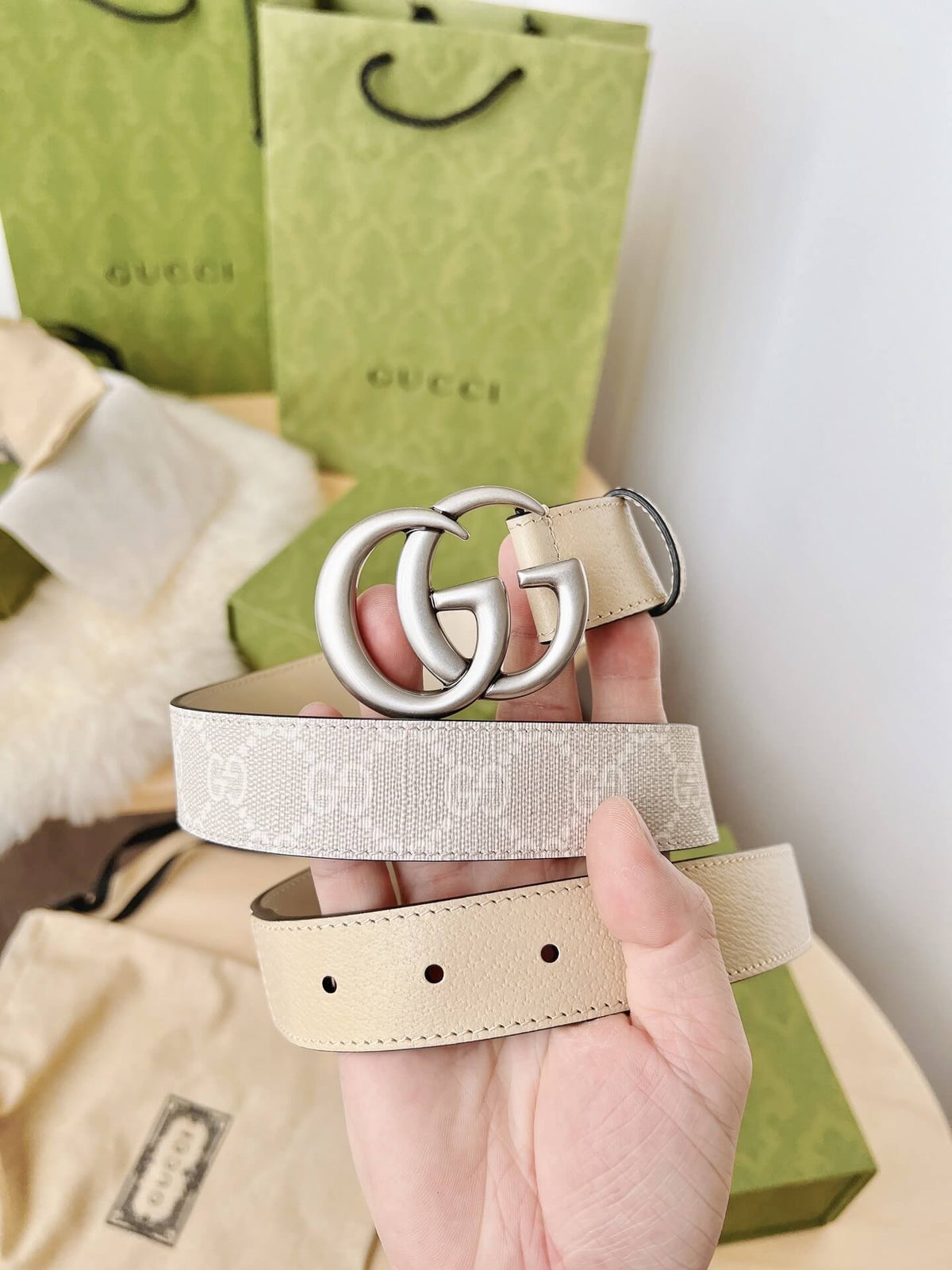 Gucci GG Marmont Reversible Belt GG Supreme Canvas and Beige Leather Silver Buckle - photo 1