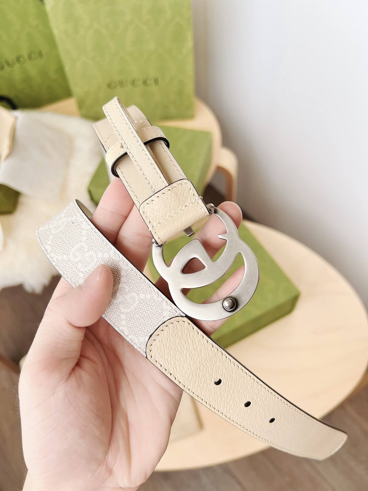 Gucci GG Marmont Reversible Belt GG Supreme Canvas and Beige Leather Silver Buckle - photo 6