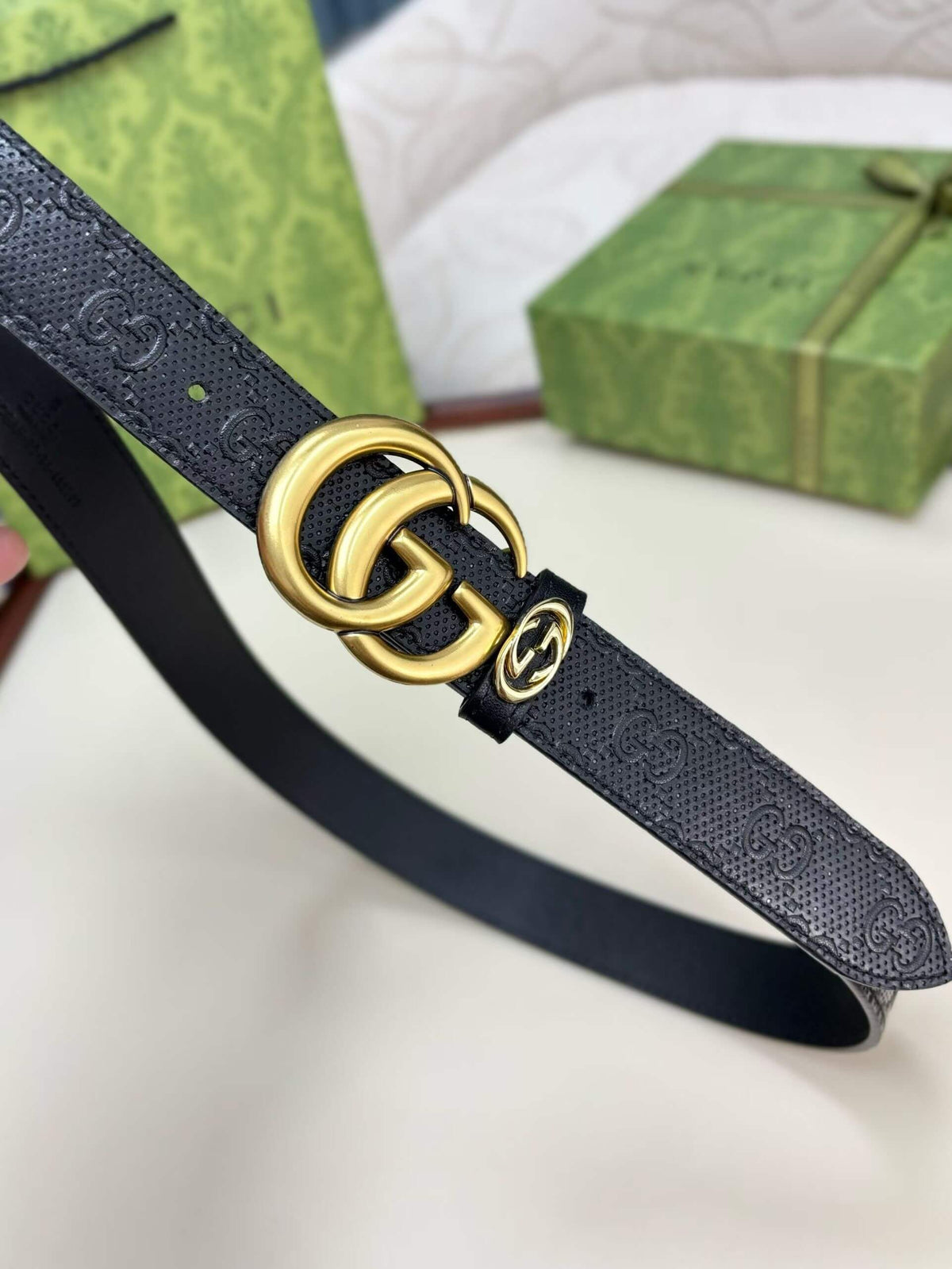 Gucci GG Marmont Thin Belt - Black Perforated GG Embossed Leather - photo 2