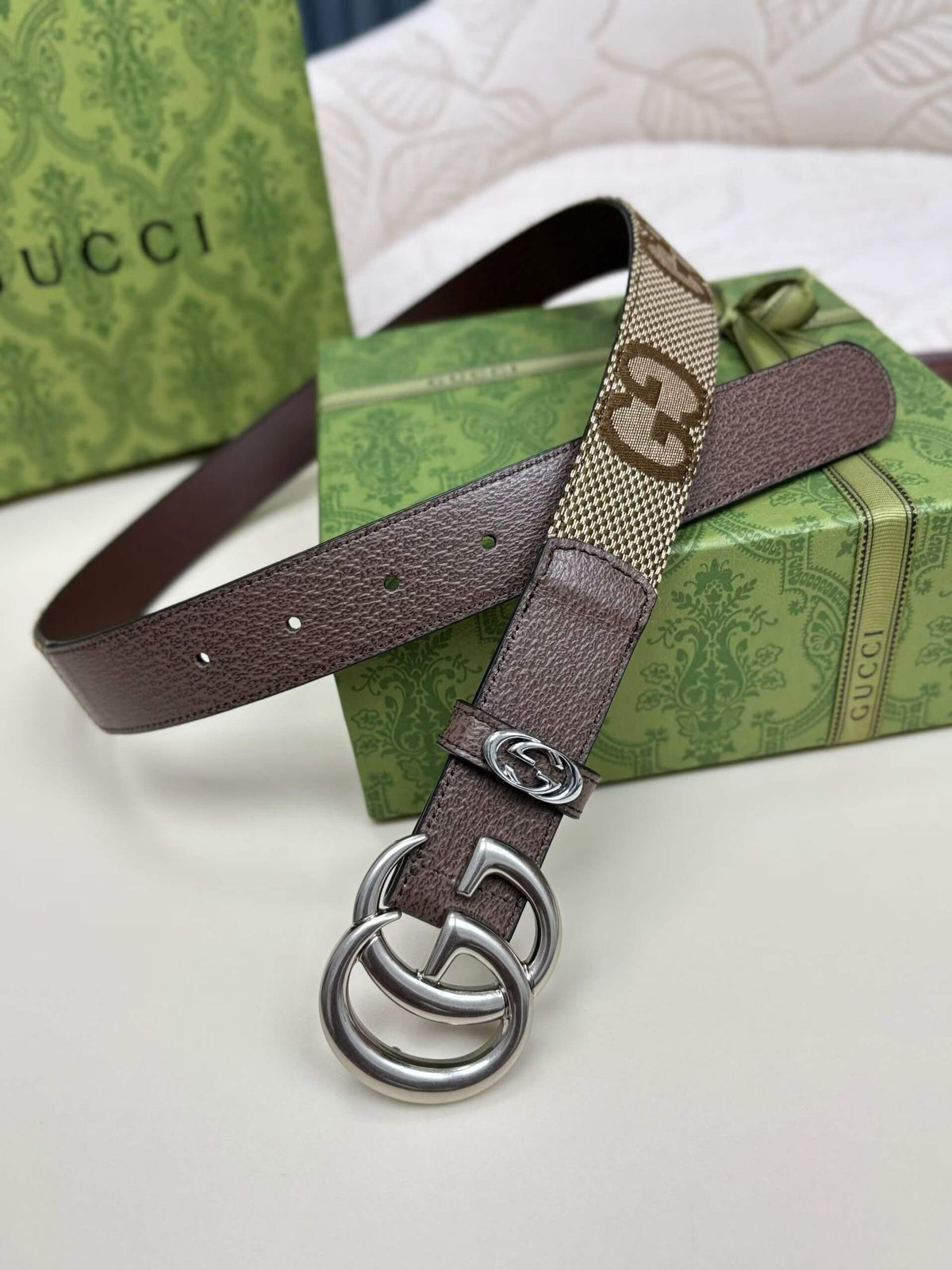Gucci GG Marmont Thin Belt - Jumbo GG Canvas with Silver-Tone Buckle - photo 2
