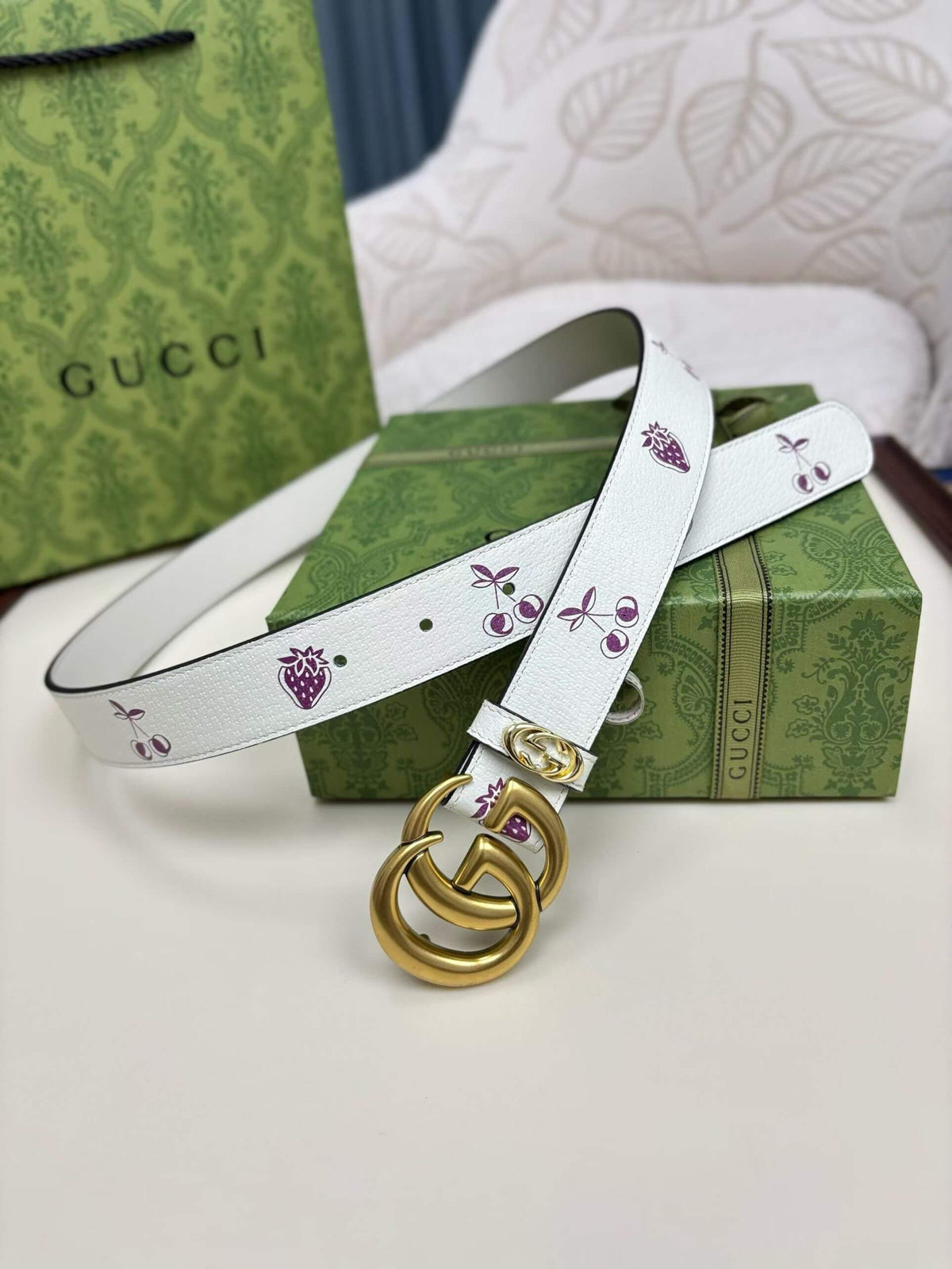 Gucci GG Marmont Thin Belt - White Leather with Strawberry & Cherry Print - photo 1