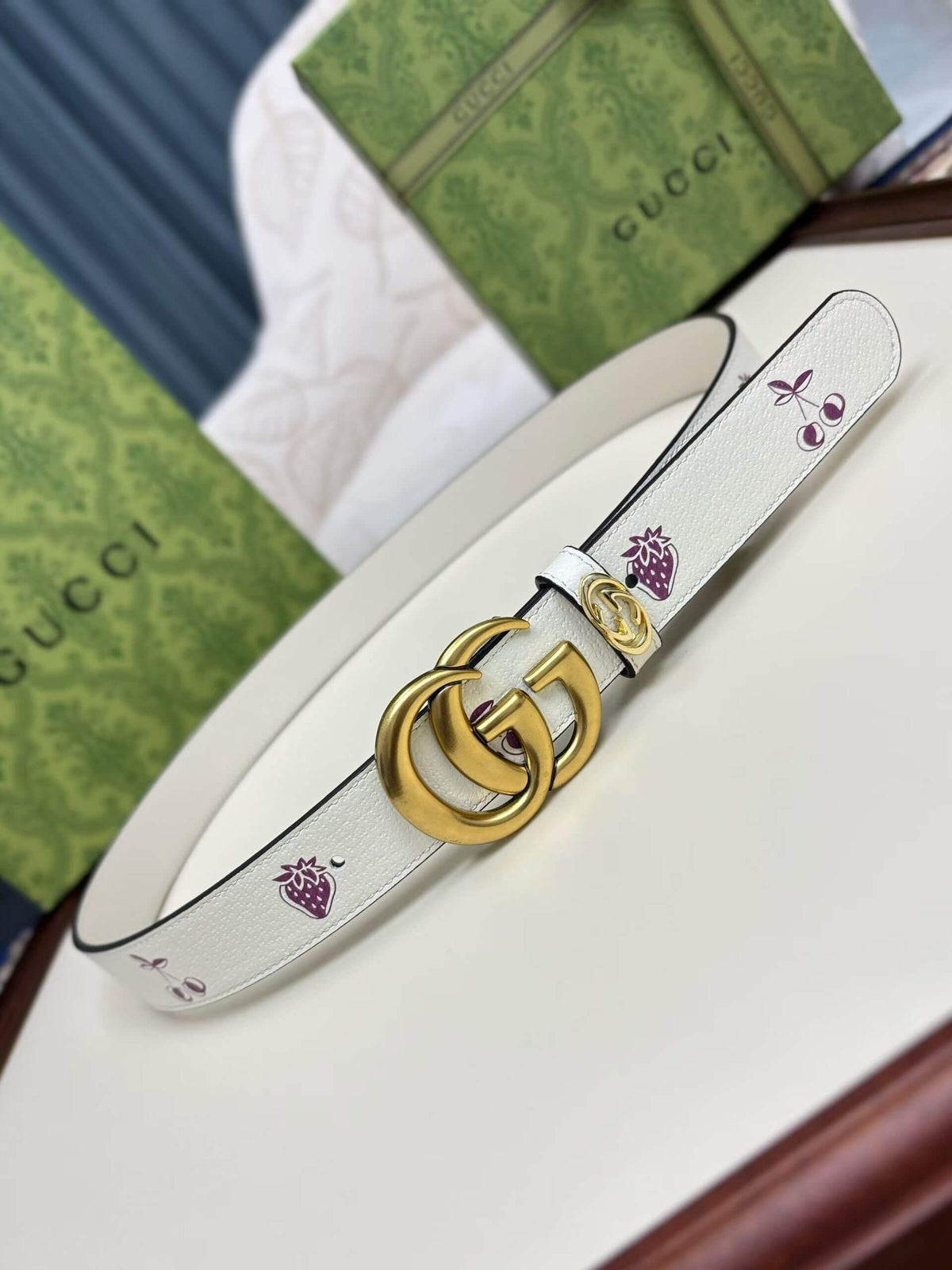 Gucci GG Marmont Thin Belt - White Leather with Strawberry & Cherry Print - photo 3