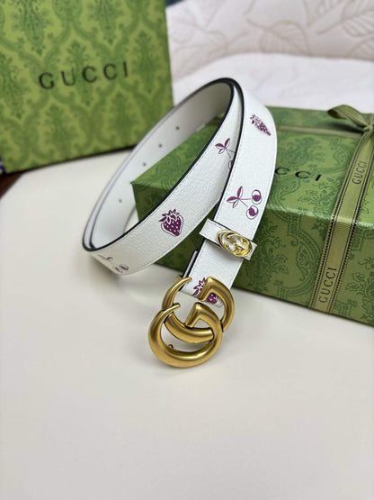 Gucci GG Marmont Thin Belt - White Leather with Strawberry & Cherry Print - photo 4