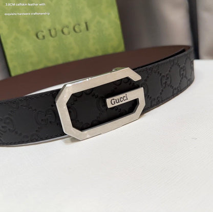 Gucci Signature Black Leather Belt with Brushed Silver G Plaque Buckle - photo 2