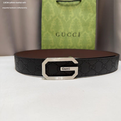 Gucci Signature Black Leather Belt with Brushed Silver G Plaque Buckle - photo 1