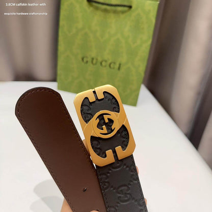 Gucci Signature Black Leather Belt with Cut-Out Gold Interlocking G Plaque Buckle - photo 3