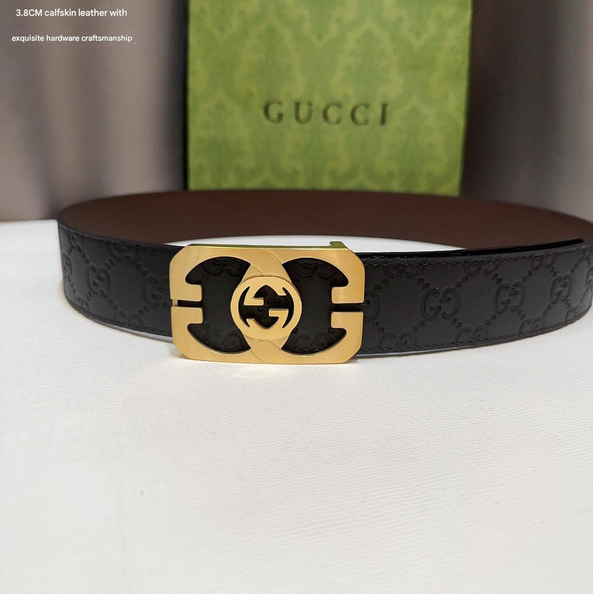 Gucci Signature Black Leather Belt with Cut-Out Gold Interlocking G Plaque Buckle - photo 4