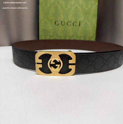 Gucci Signature Black Leather Belt with Cut-Out Gold Interlocking G Plaque Buckle - photo 4