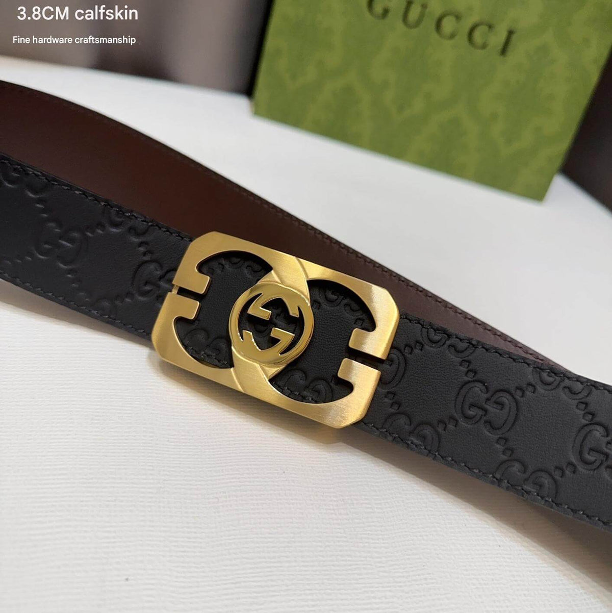 Gucci Signature Black Leather Belt with Cut-Out Gold Interlocking G Plaque Buckle - photo 5