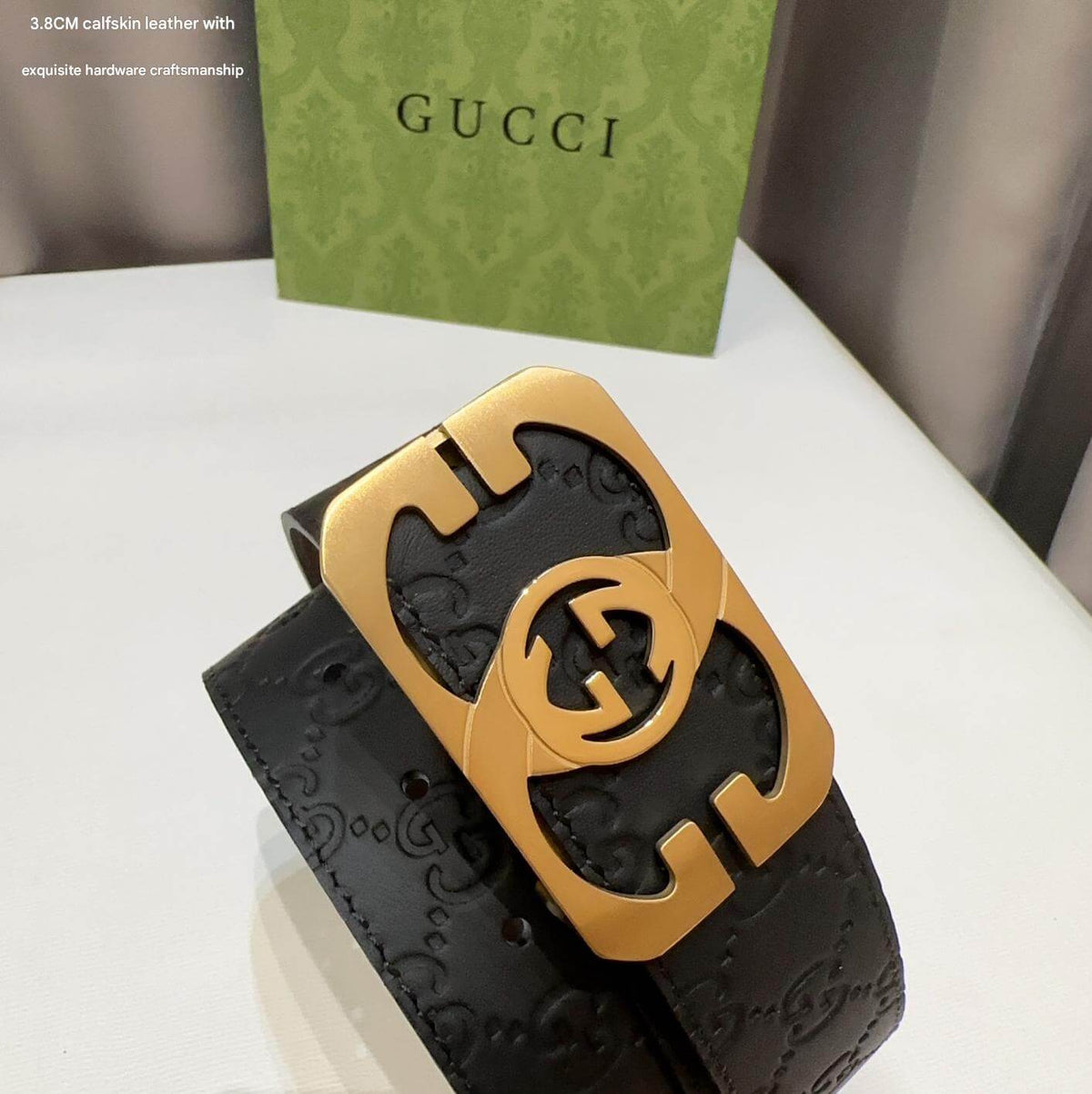 Gucci Signature Black Leather Belt with Cut-Out Gold Interlocking G Plaque Buckle - photo 7