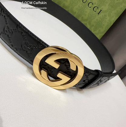 Gucci Signature Black Leather Belt with Textured Gold Interlocking G Buckle - photo 1