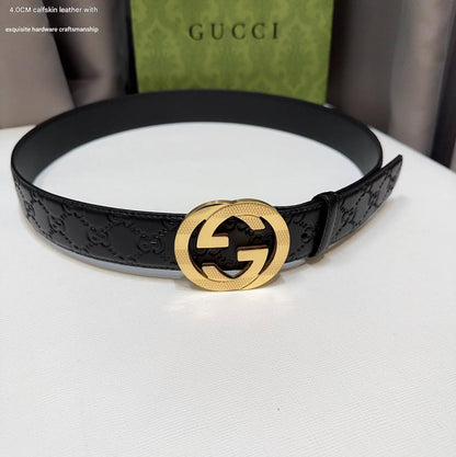 Gucci Signature Black Leather Belt with Textured Gold Interlocking G Buckle - photo 2