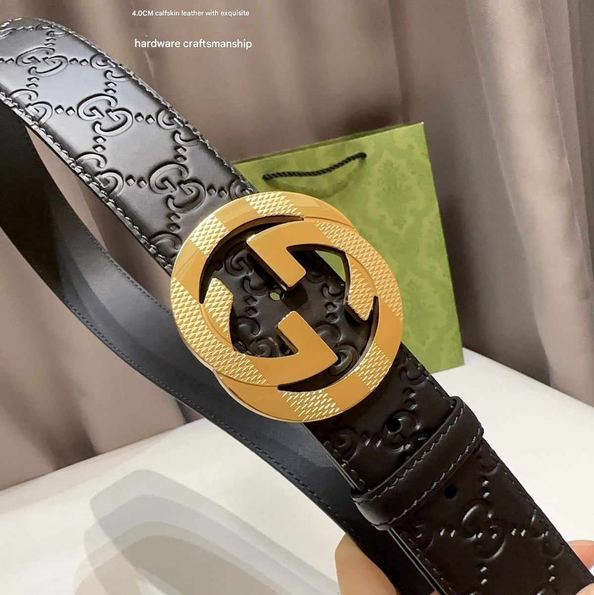 Gucci Signature Black Leather Belt with Textured Gold Interlocking G Buckle - photo 3